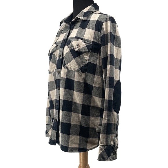 Roots Tops - ROOTS flannel button up shirt elbow patches buffalo plaid thick warm cozy sz M